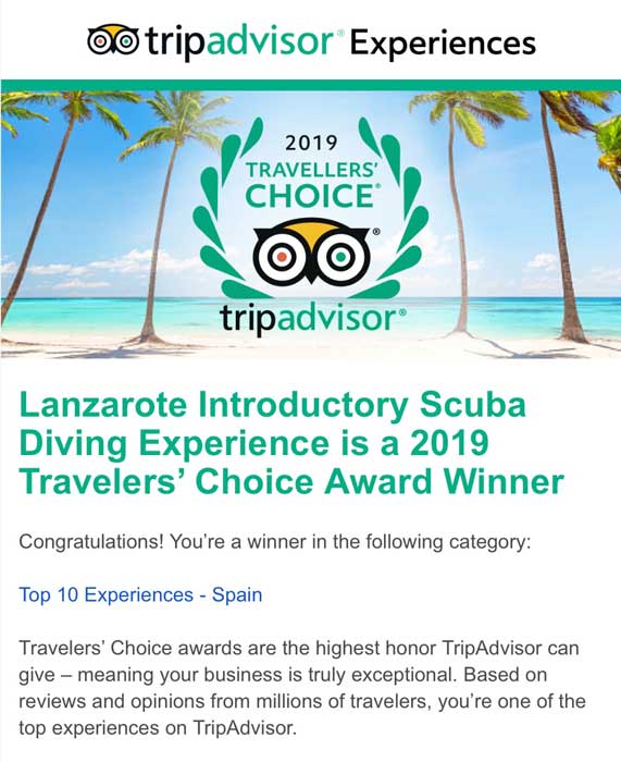 Manta Diving Lanzarote won Tripadvisor's Travelers' Choice Award 2019