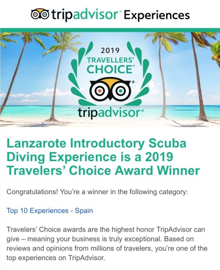Manta Diving Lanzarote is awarded TripAdvisor 2019 Travelers' Choice Award for Introductory Scuba Diving Experience - Number 2 in Spain!